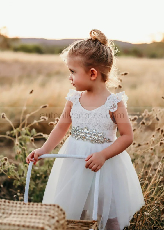 Ivory Lace Tulle Flower Girl Dress With Beaded Belt